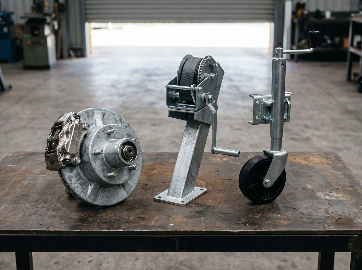 Galvanised trailer hub with disc brake, winch post and jockey wheel