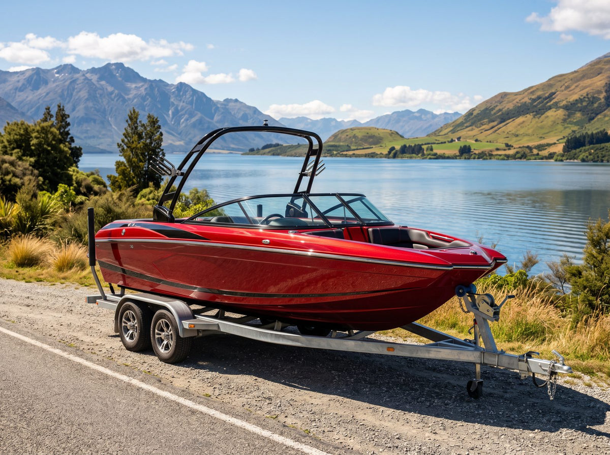 Red performance ski boat on a tandem trailer
