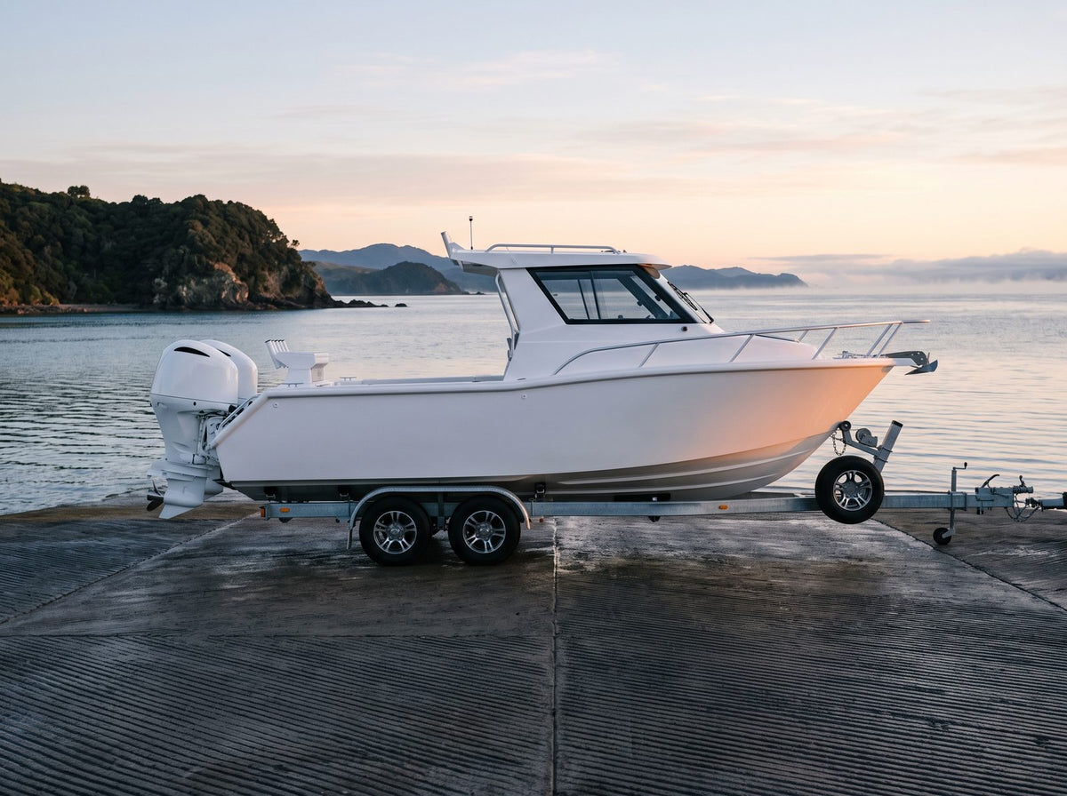 Offshore fishing launch on a heavy-duty tandem boat trailer