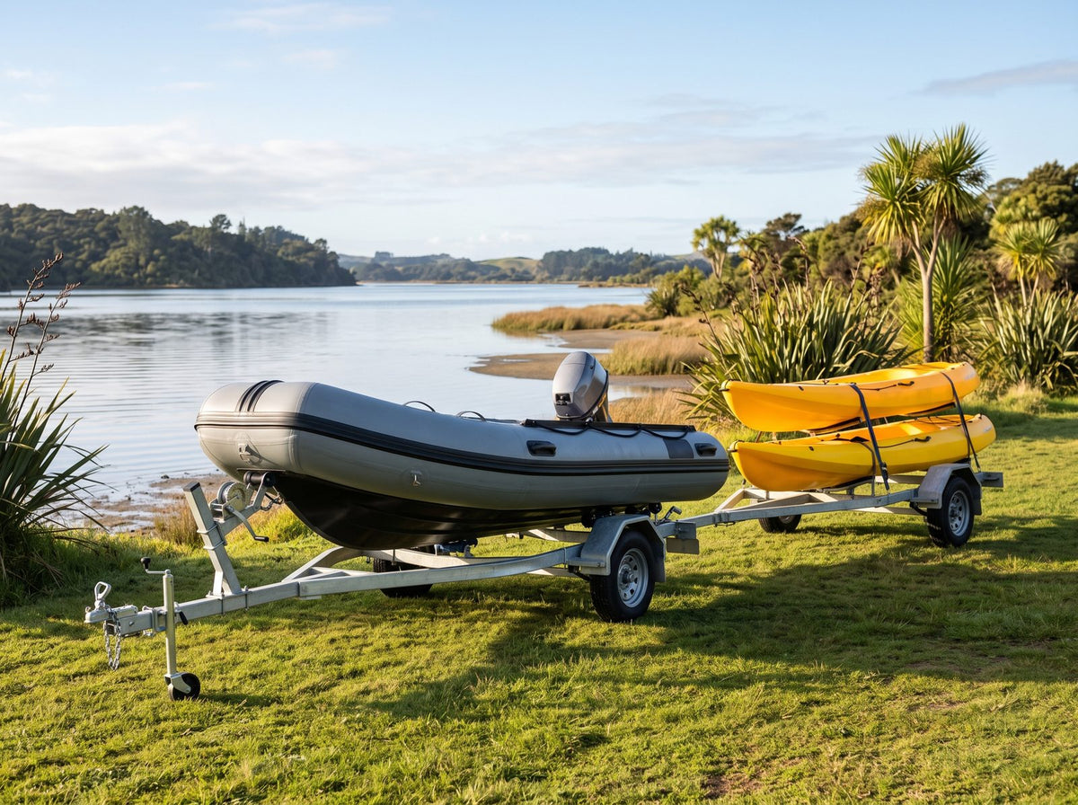 Inflatable boat and kayaks on galvanised trailers