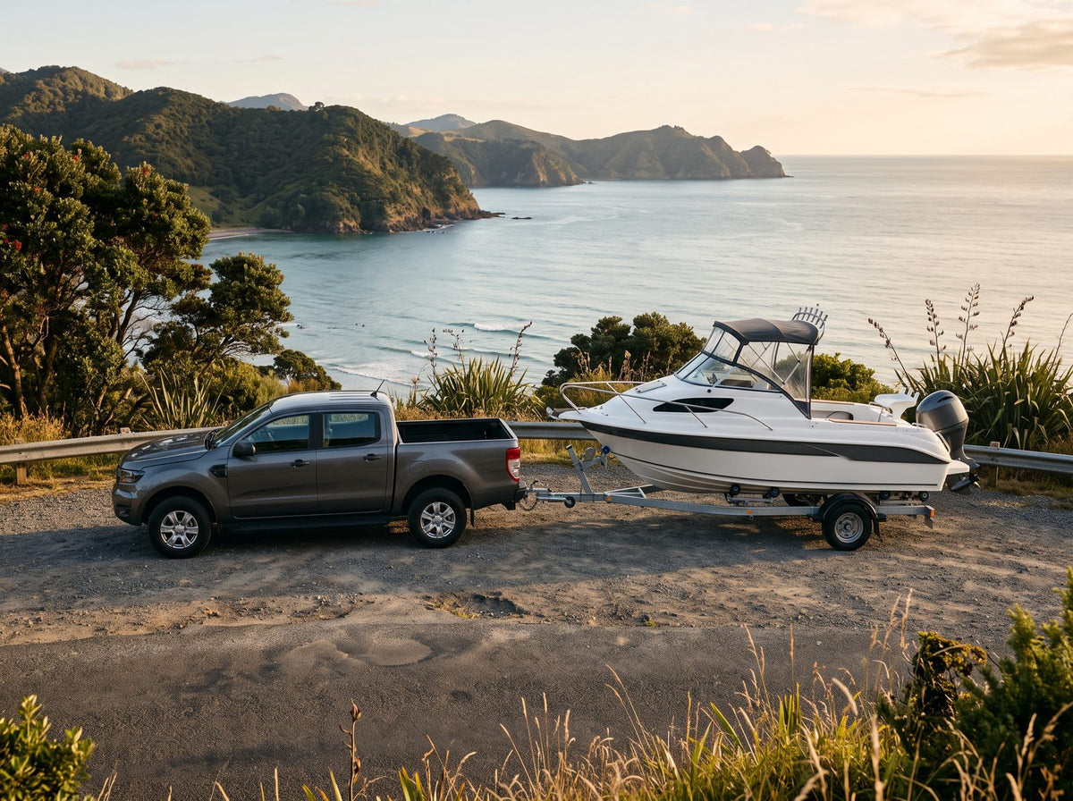 Cuddy cabin boat on a galvanised trailer hitched to a ute
