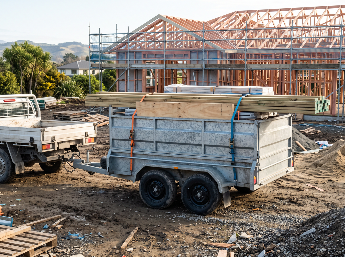 Tandem axle trailer loaded with timber at a building site