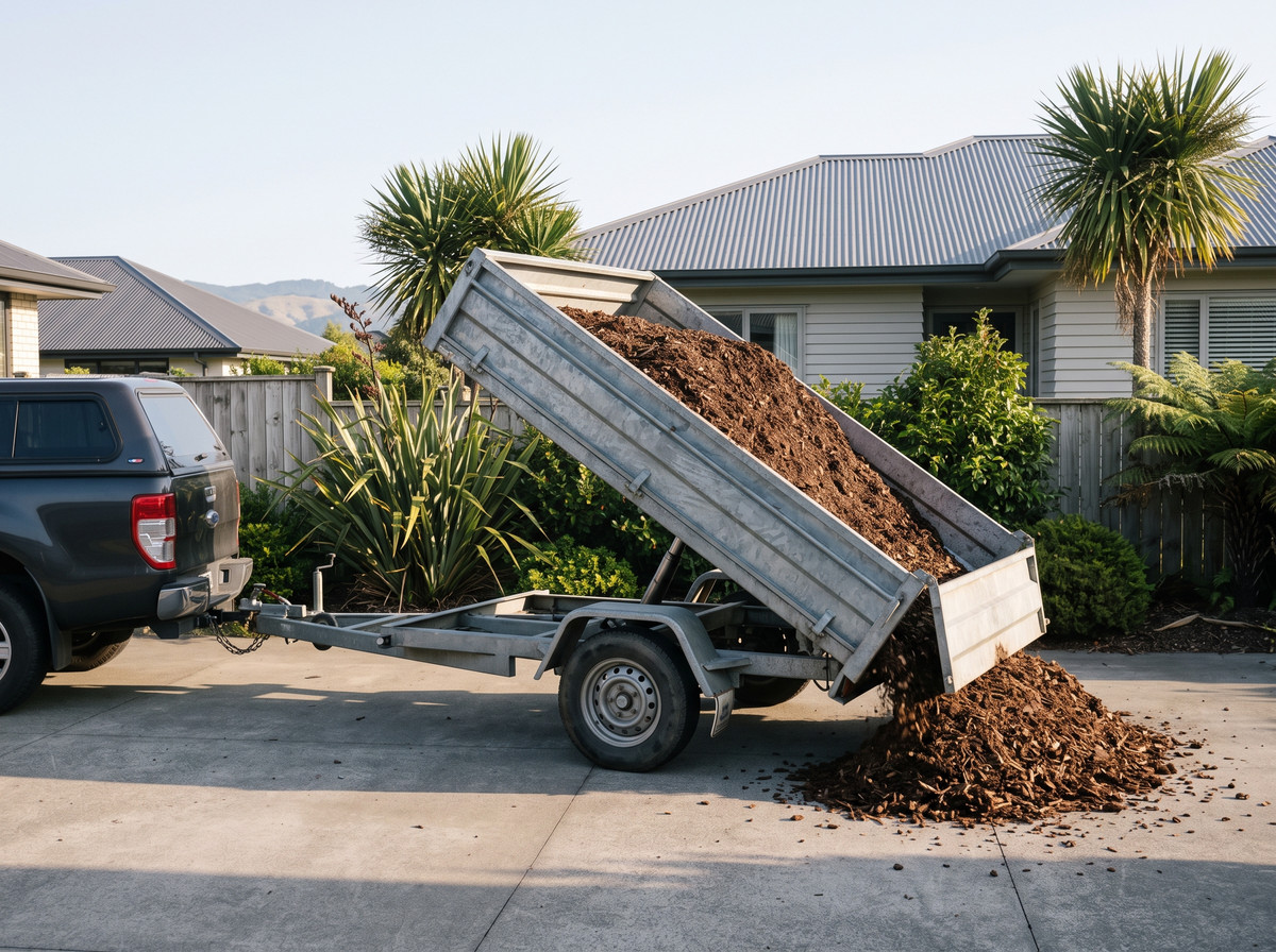 Galvanised tipping trailer unloading bark mulch
