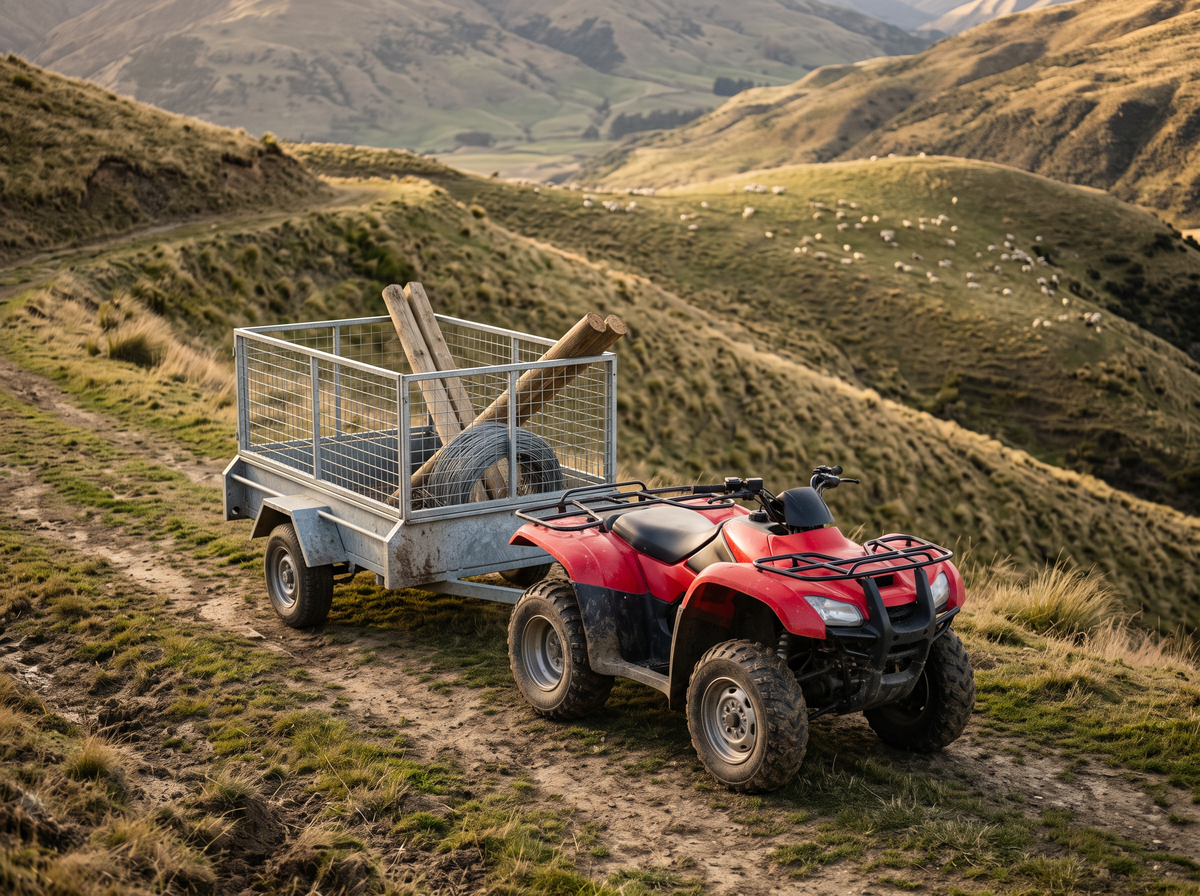 Farm bike trailer towed by a quad on a hill country track