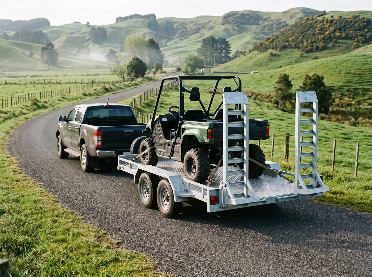 Tandem transporter trailer carrying a side-by-side