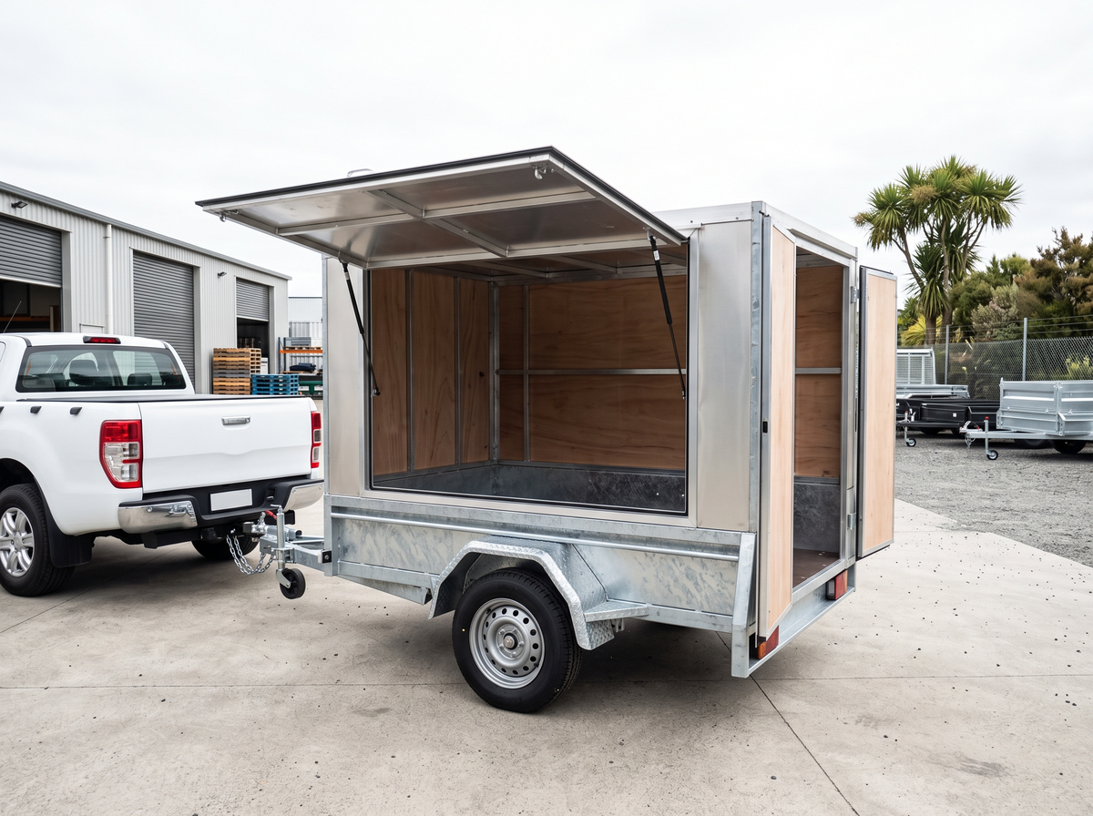 Enclosed cargo trailer with gull wing side door open