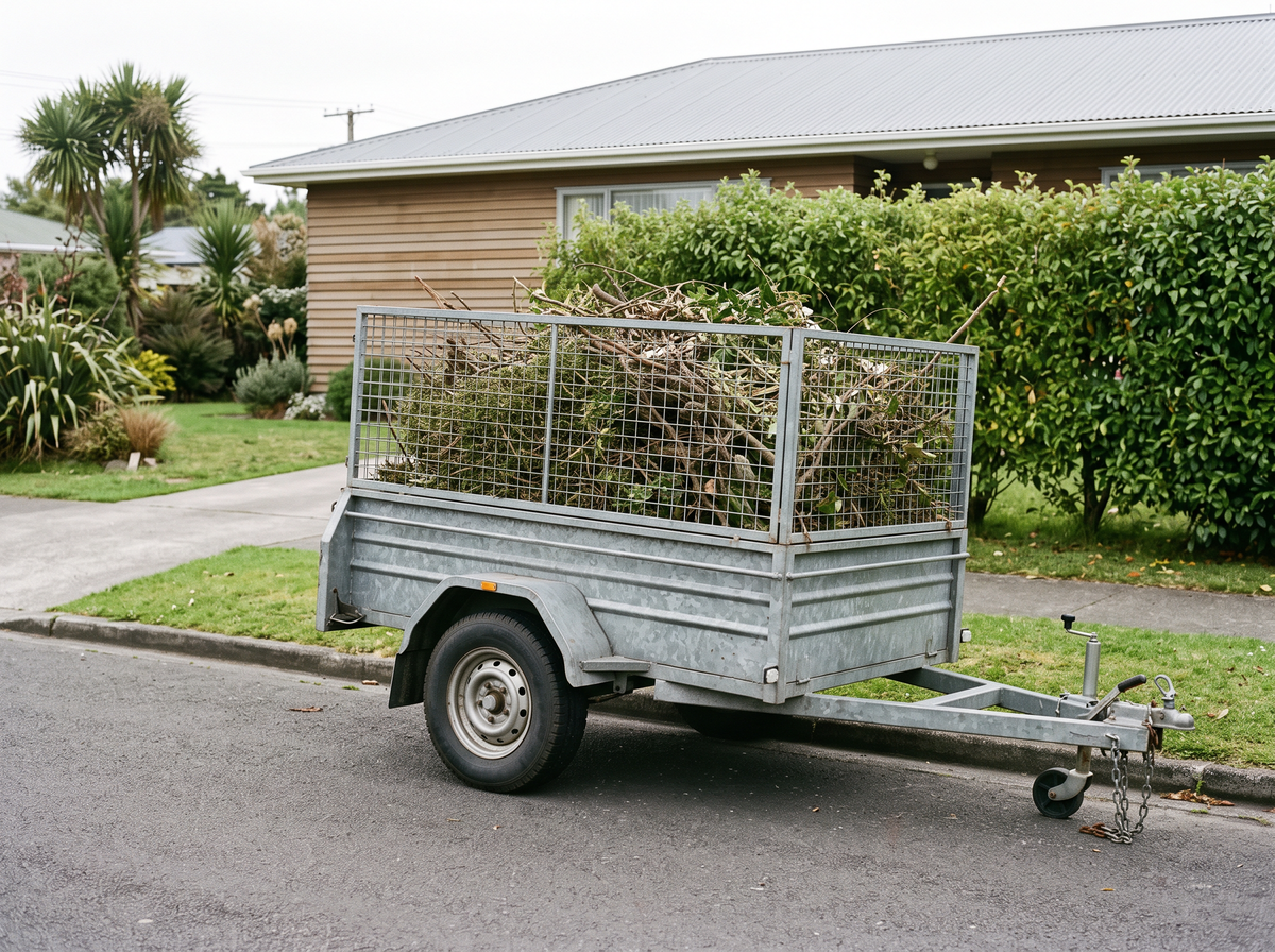 Single axle cage trailer loaded with garden clippings
