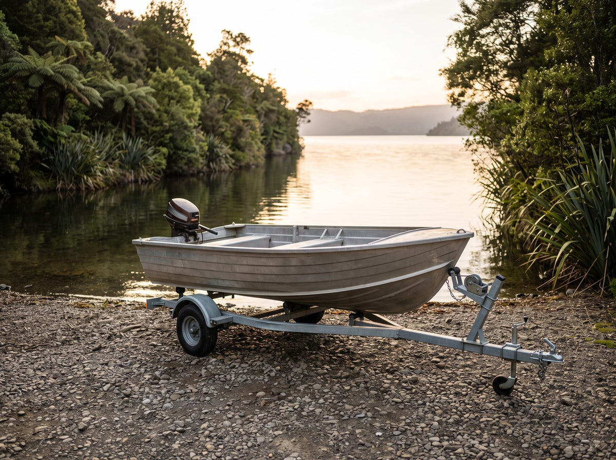 Aluminium dinghy on a light galvanised boat trailer