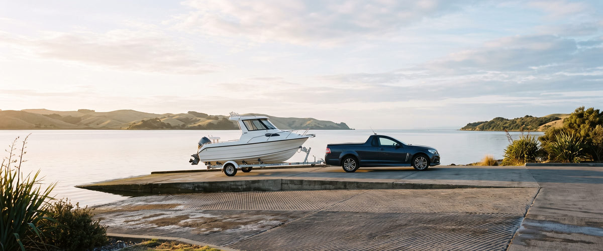 Boat on a galvanised trailer at a New Zealand boat ramp